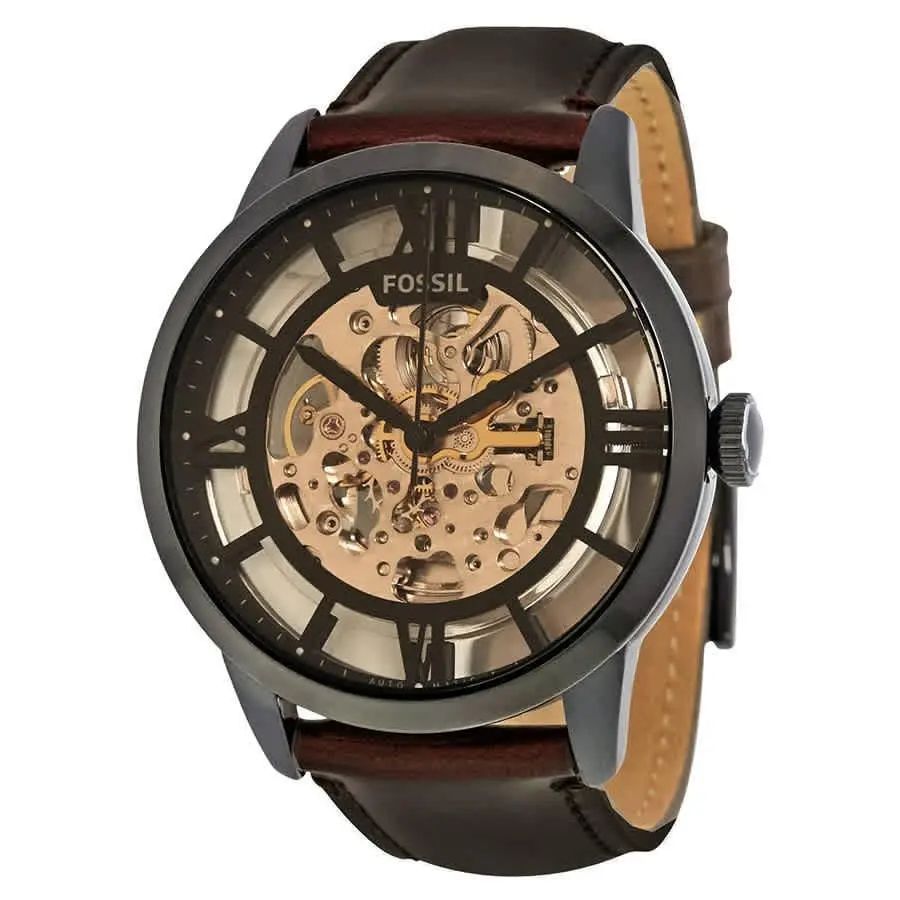 Fossil Townsman Automatic Brown Skeleton Dial Men`s Watch ME3098 - Dial: Brown, Band: Brown, Bezel: Black Ion-plated