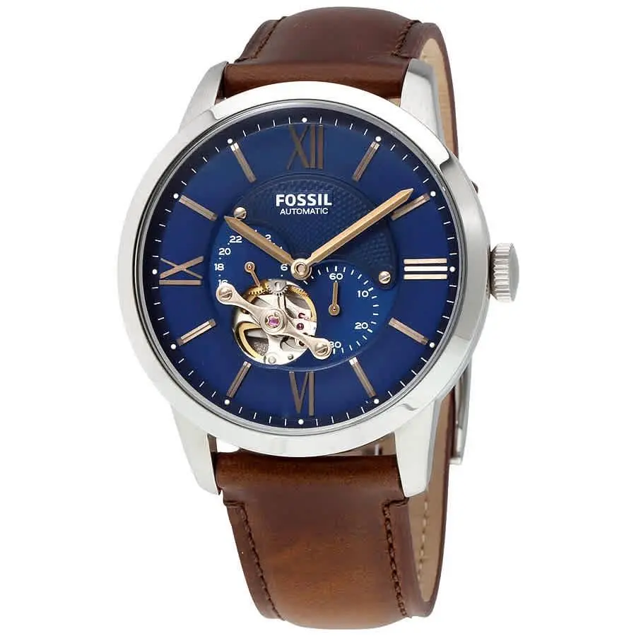 Fossil Townsman Automatic Blue Satin Dial Men`s Watch ME3110 - Dial: Brown, Gold, Pink, White, Blue, Band: Brown, Bezel: Brown
