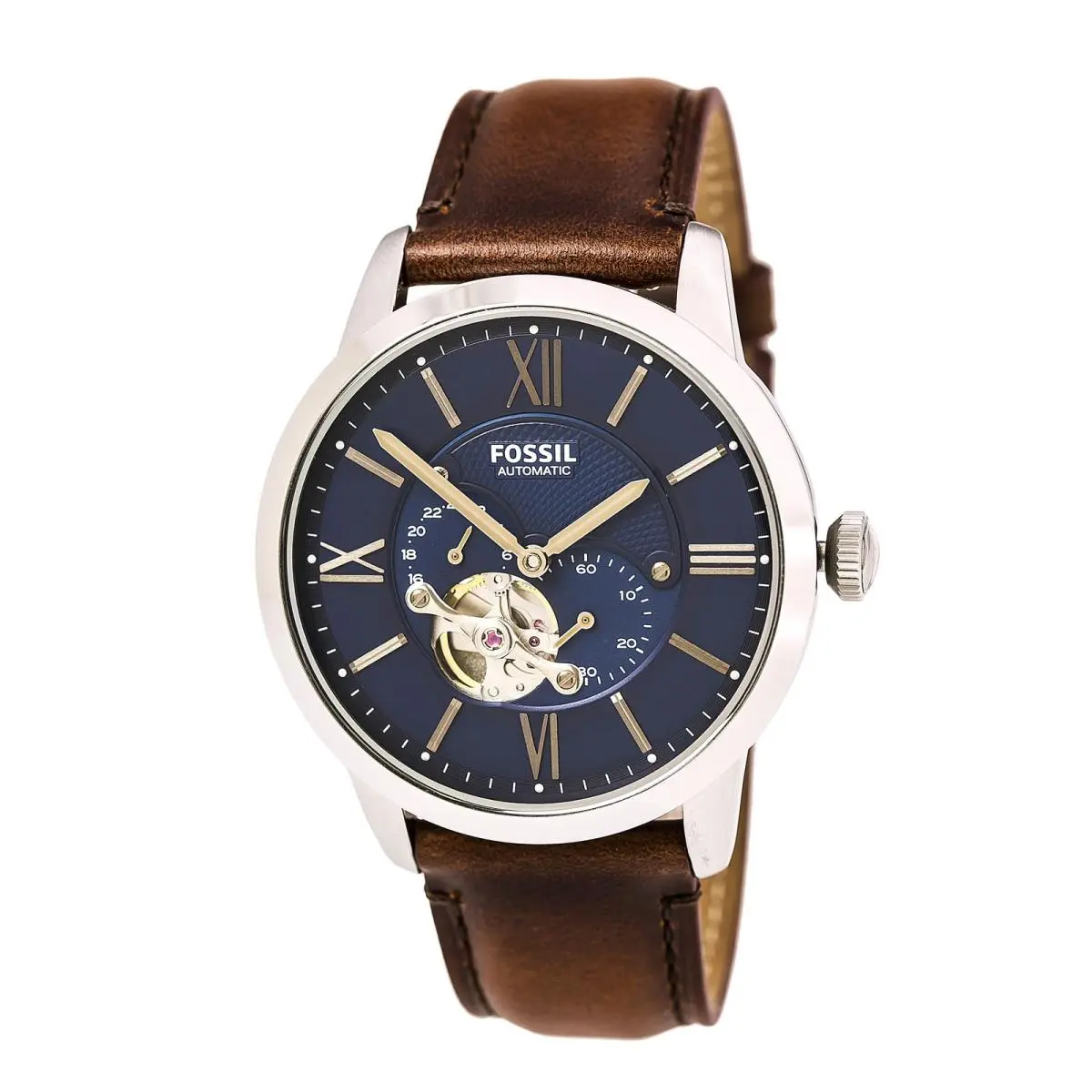 Fossil ME3110 Gent`s Townsman Blue Dial Brown Band Automatic Watch - Dial: Brown, Gold, Pink, White, Blue, Band: Brown, Bezel: Brown