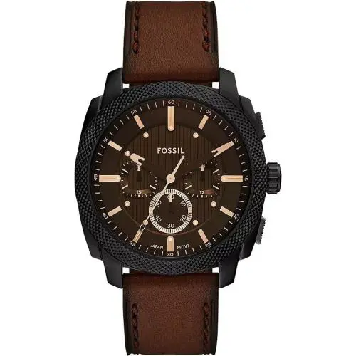 FS6101 Men`s Machine Black IP Leather Band Black Dial Chronograph Watch by Fossil