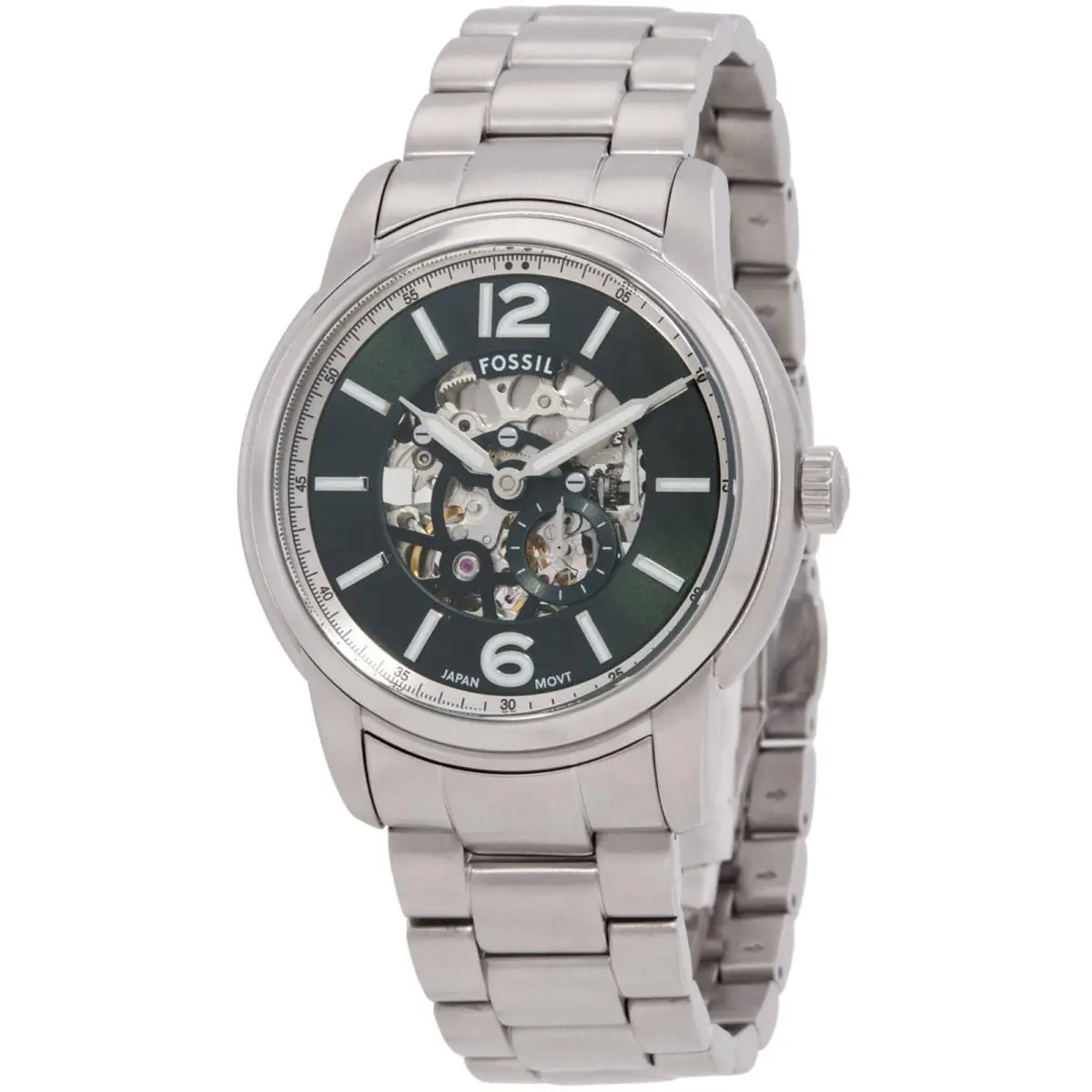 Fossil Men`s Watch Heritage Automatic Green Dial Silver Tone Bracelet ME3262 - Dial: Green, Skeleton, Band: Silver