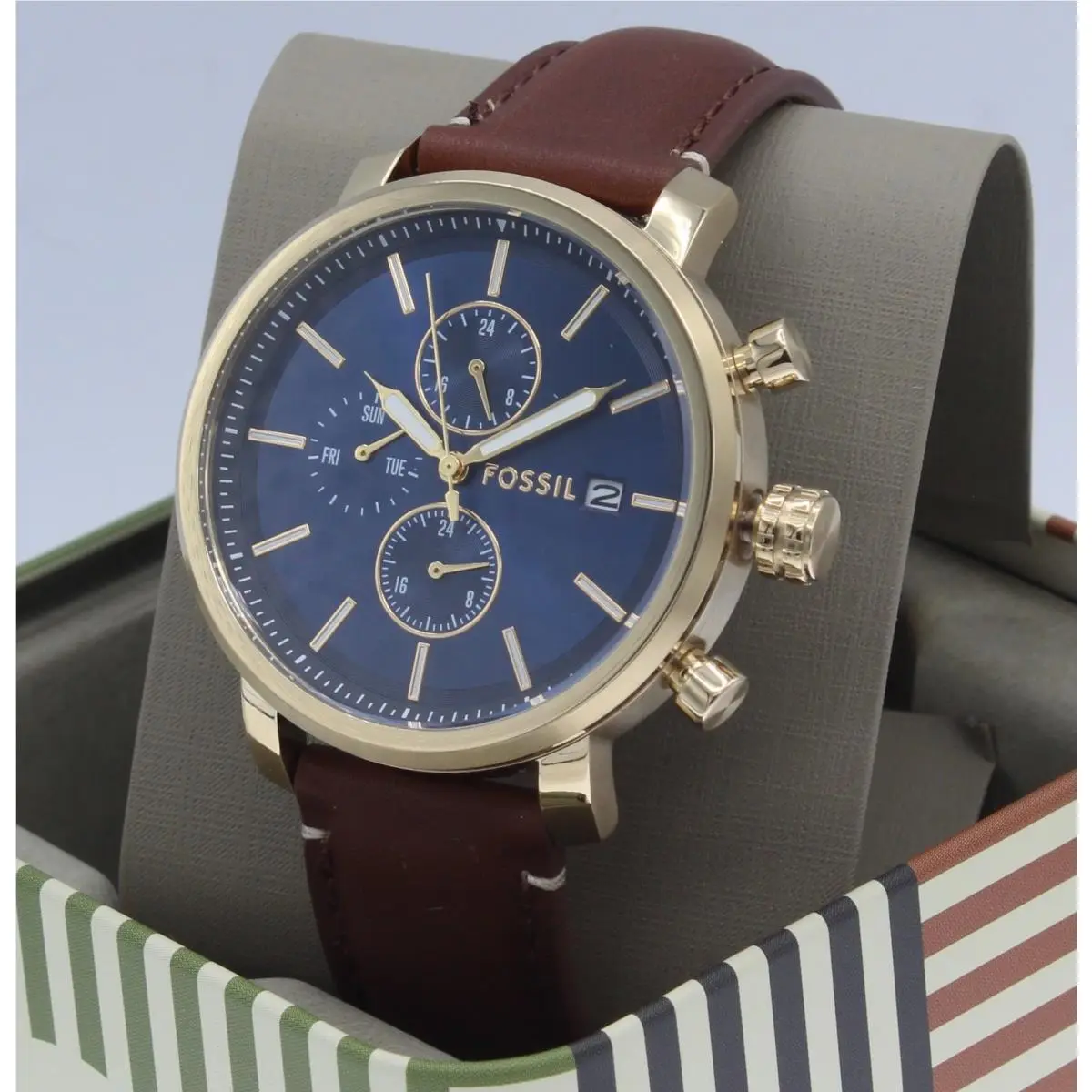 Fossil Rhett Chronograph Gold Blue Brown Leather BQ2848 Mens Watch