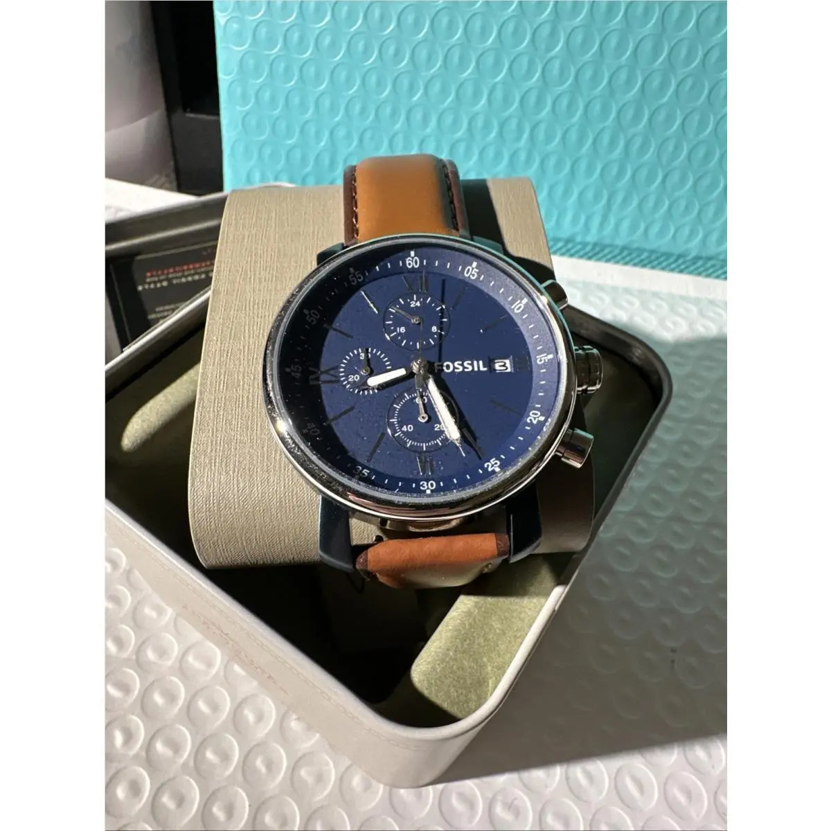 Rhett Chronograph Blue Brown Leather BQ2163 Mens Watch by Fossil