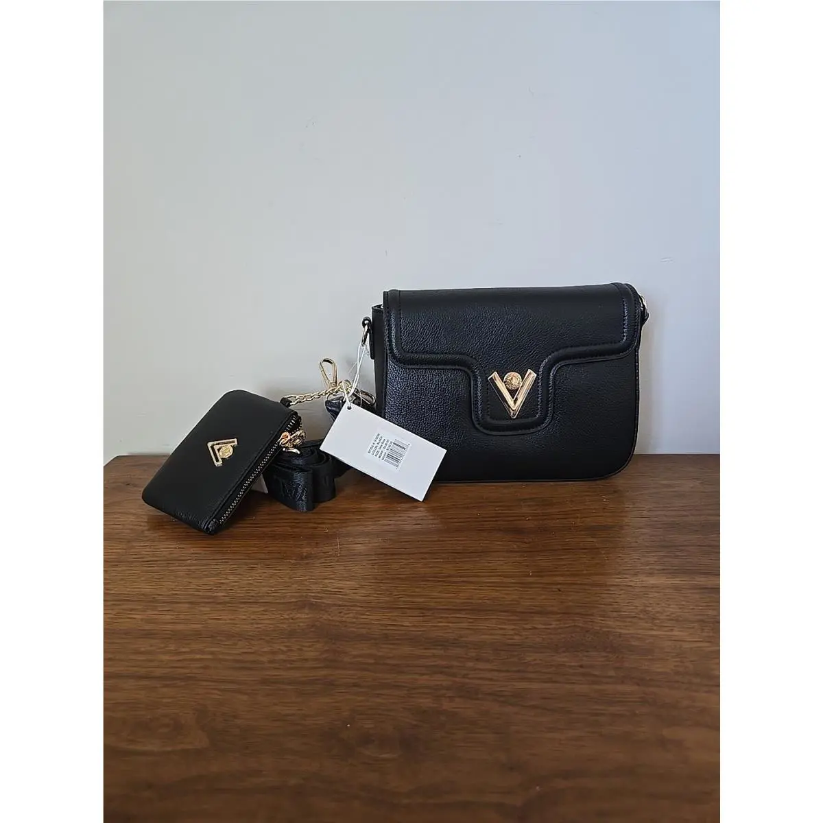 Valentino Orlandi Cross Body Purse Wallet Black Gold V-3030 Vegan Leather