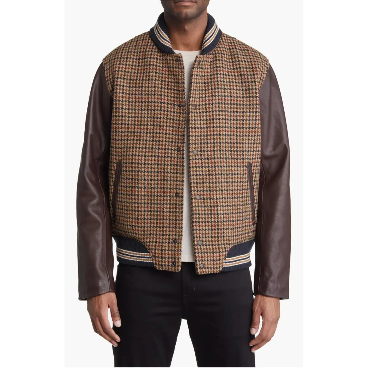 Rag Bone X1508 Men`s Houndstooth Brown Wool Varsity Jacket Size Medium