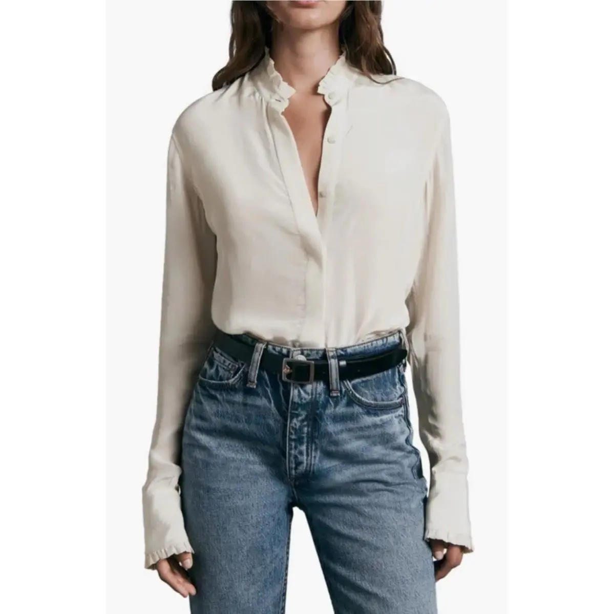 Rag Bone Iconic Jordan Ruffle Trim Button Blouse Ivory Satin sz M