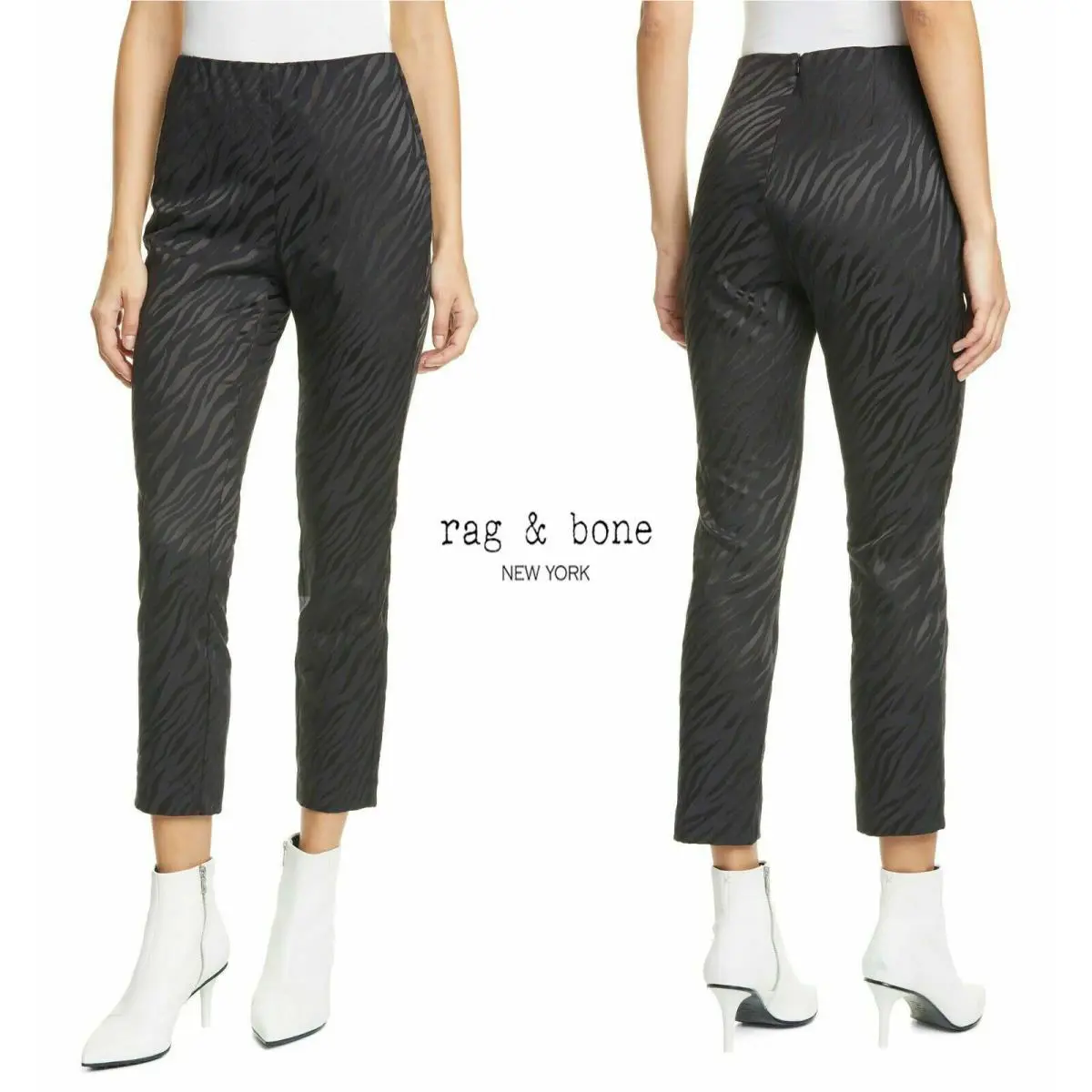 Rag Bone Women`s 8 Simone Zebra Jacquard Slim Fit Cropped Pants Black
