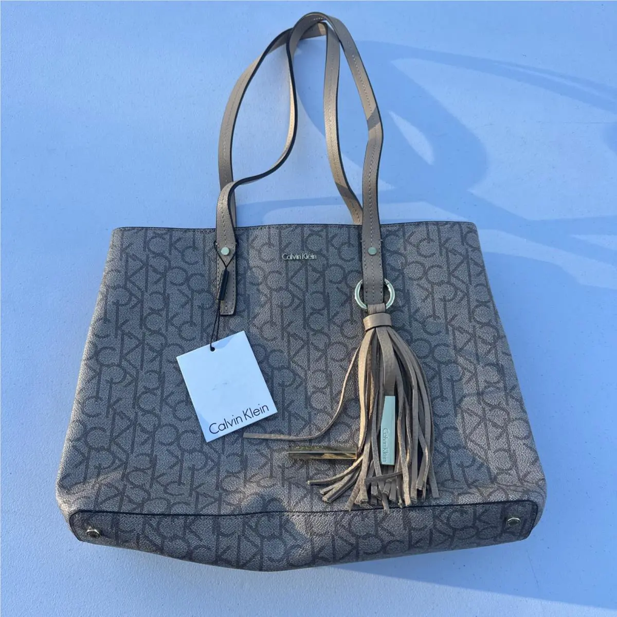 Calvin Klein S-kitote Tote Bag Monogram Logo Shoulder Purse Beige Tan
