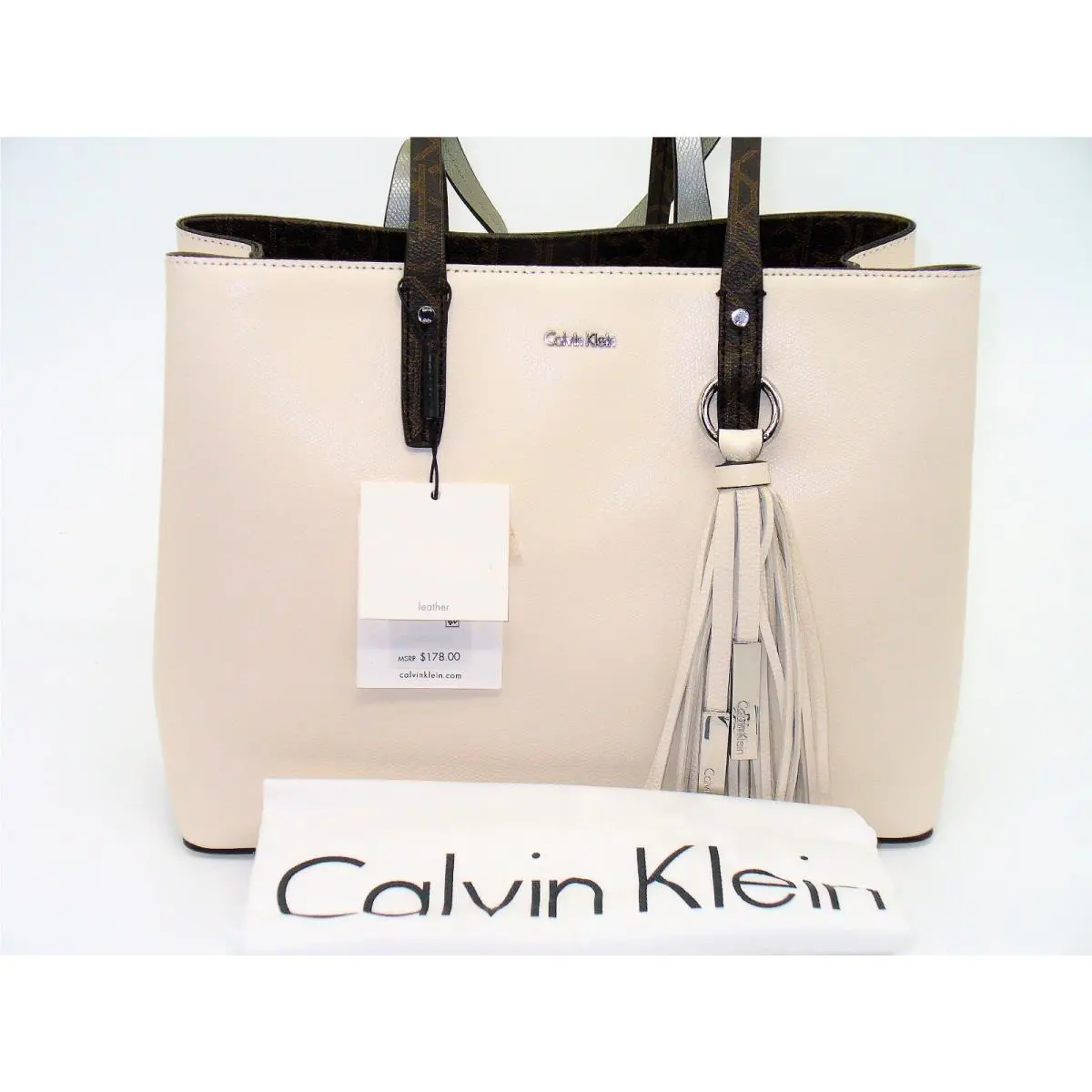 Calvin Klein L-kitote Tote Handbag Shoulder Purse Leather White Brown Womens