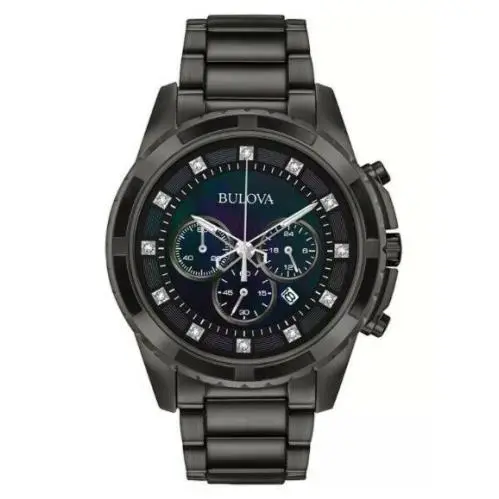Bulova Black Chronograph Diamond Accent Watch 44mm Stainless Steel Classic