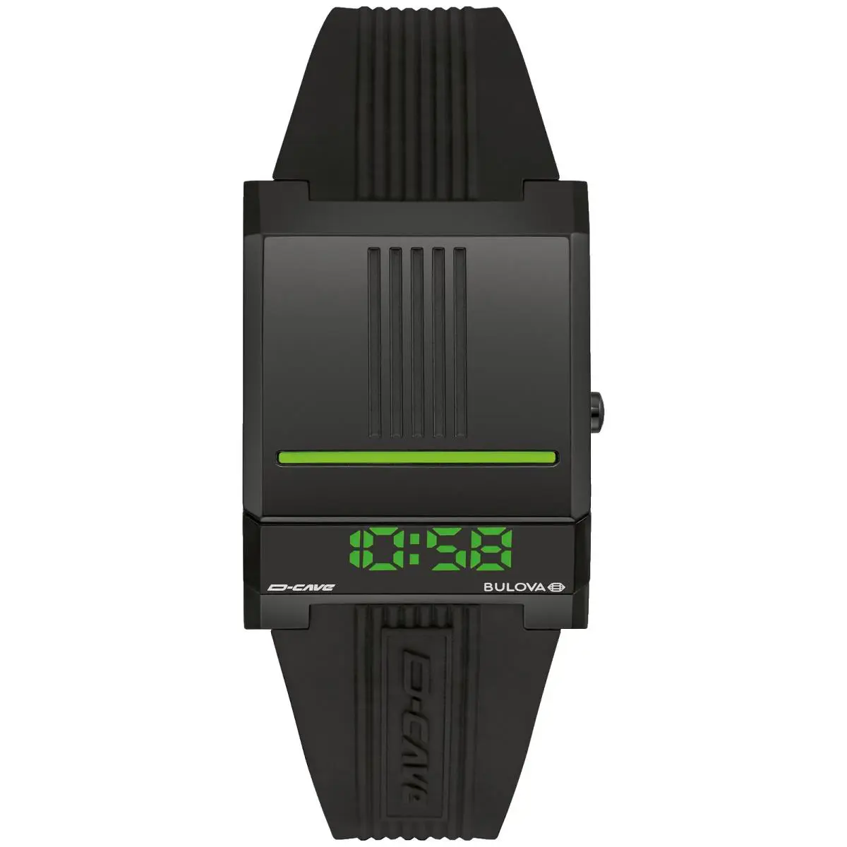 Bulova Computron 98C141 Green Dial Black Silicone Strap 31MM Mens Watch - Dial: Green, Band: Black, Bezel: Black