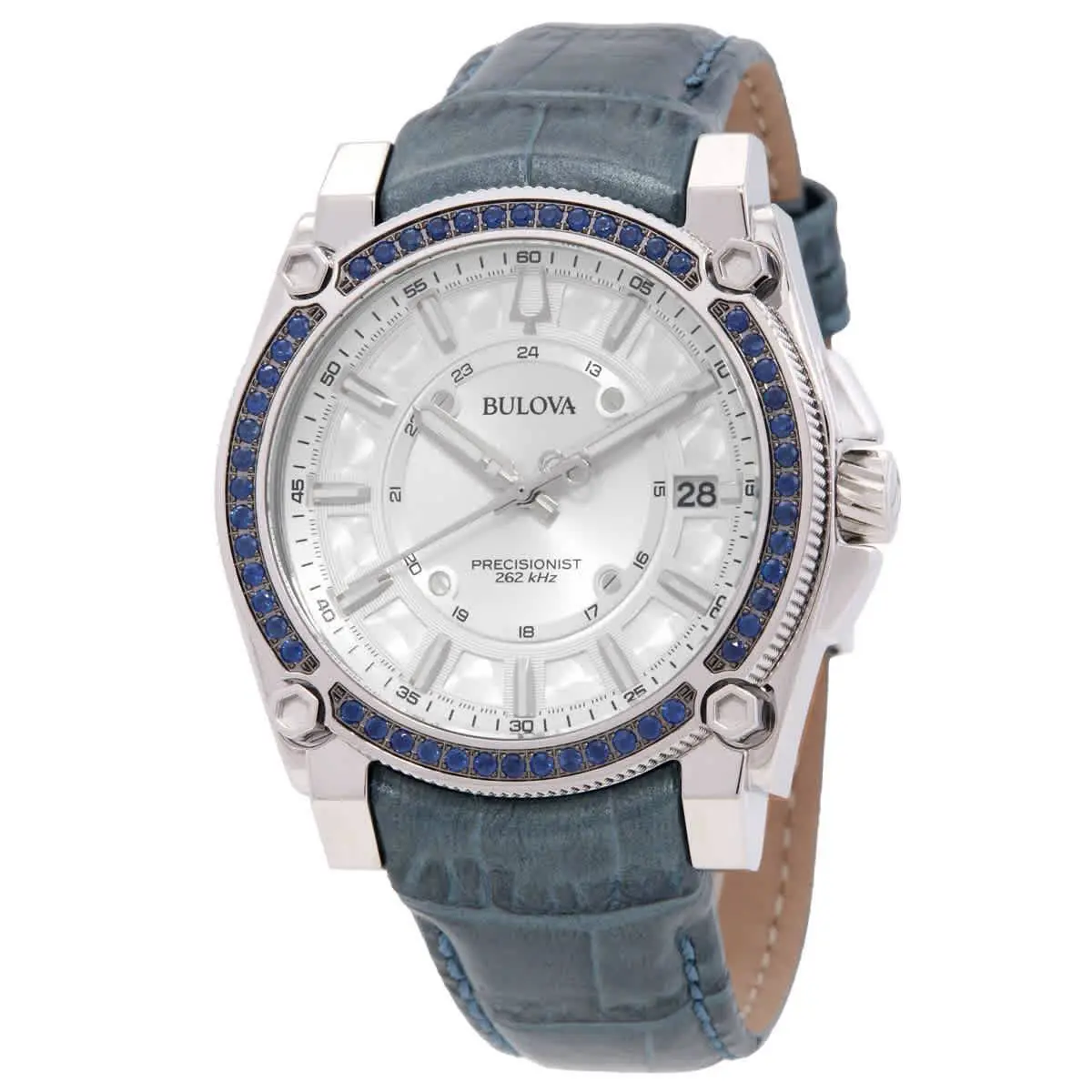 Bulova Precisionist Quartz Crystal Silver Dial Ladies Watch 96J126 - Dial: Silver-tone, Band: Blue, Bezel: Silver-tone