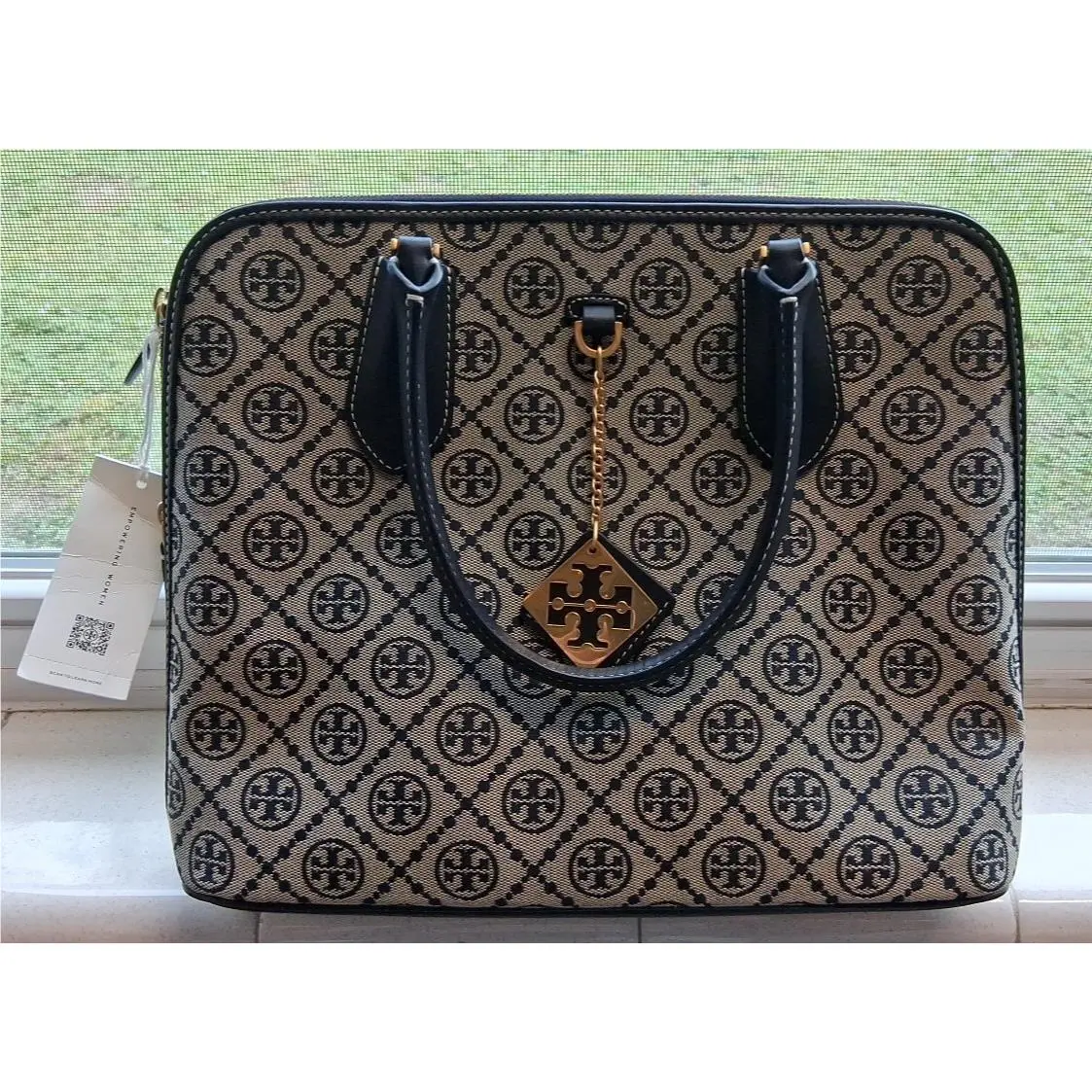 Tory Burch T Monogram Swing Satchel Jacquard Shoulder Bag 157375 Navy