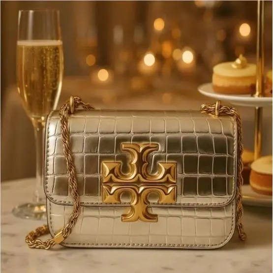 Tory Burch Eleanor Gold Croc Embossed Leather Small Convertible Shoulder Bag