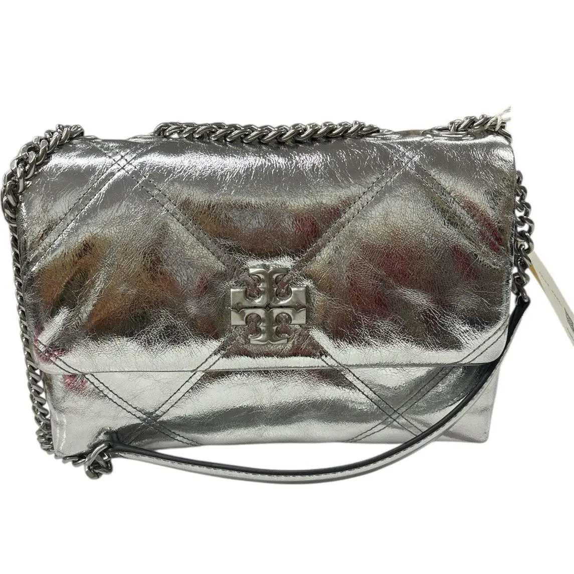 Tory Burch Kira Metallic Diamond Quilt Small Convertible Shoulder Bag Silver