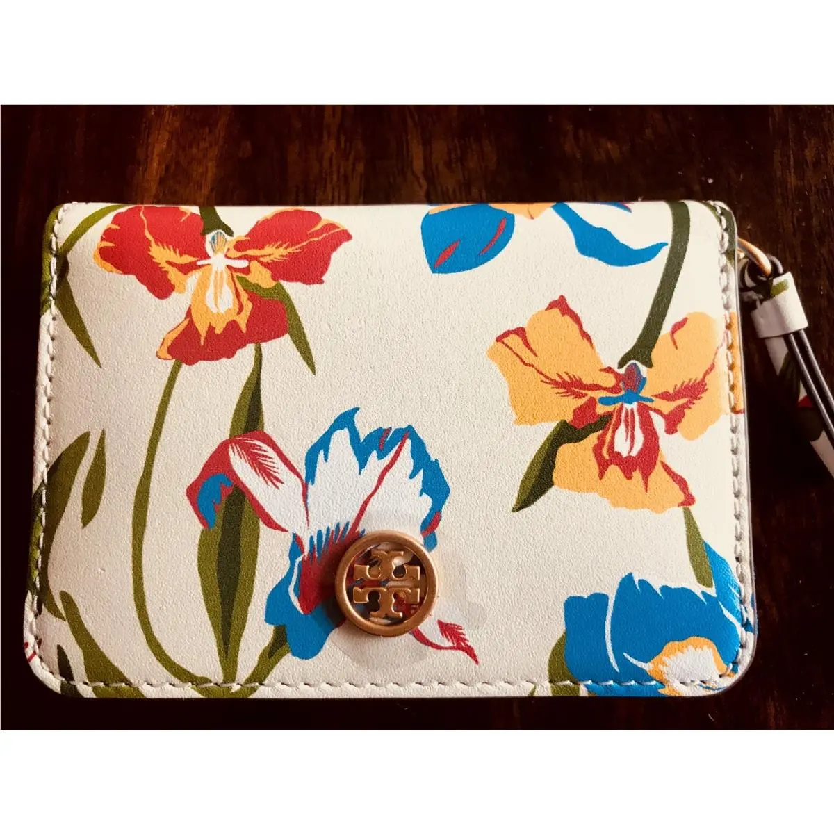 Tory Burch Robinson Floral Leather Key Chain Coin Case Wallet