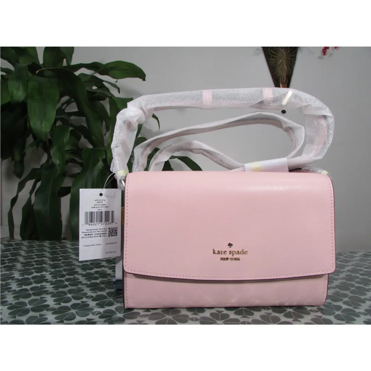 Saffiano Leather Perry Small Flap Wallet on a String K8709 Chalk Pink by Kate Spade