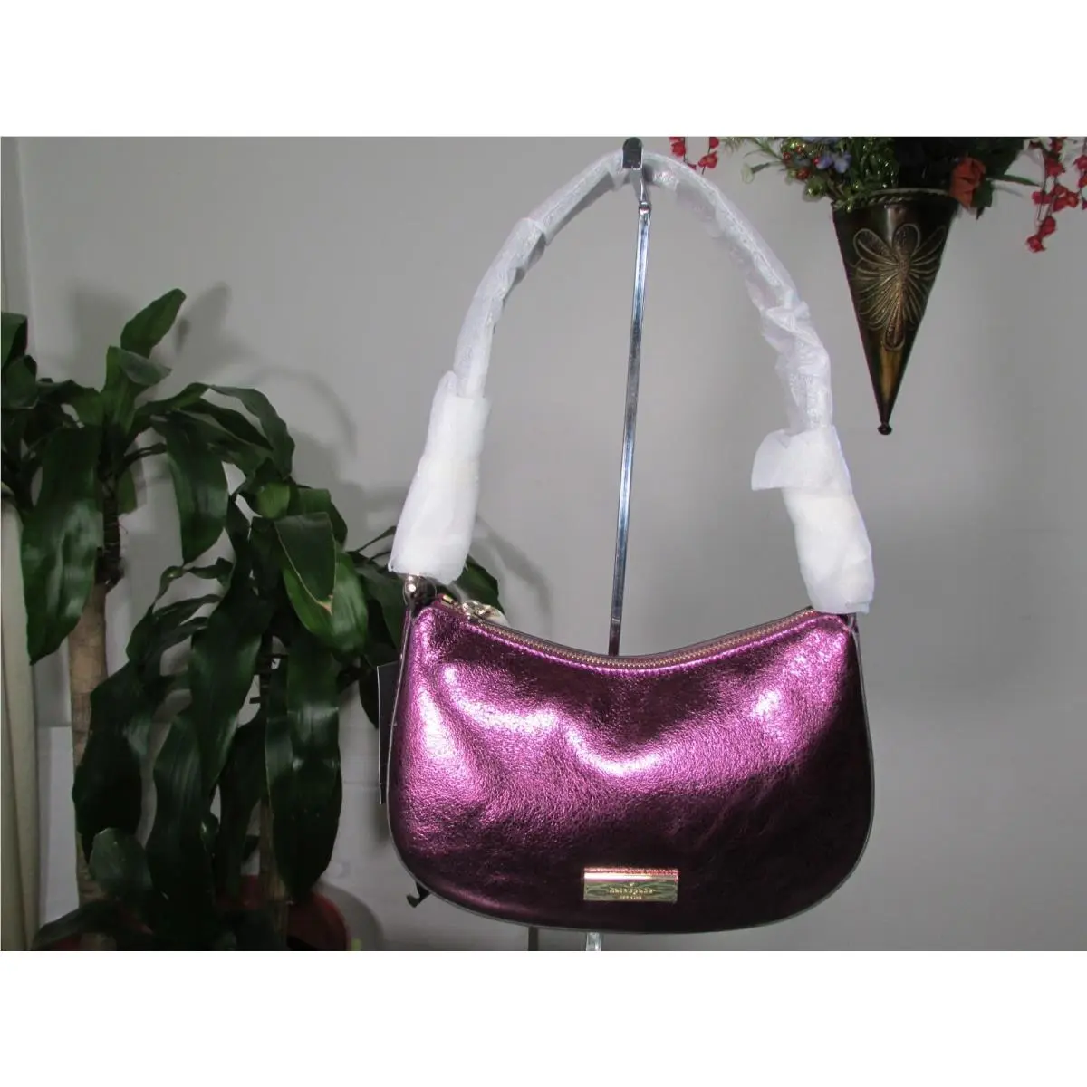 Nina Metallic Leather Shoulder Bag KI947 Seawater or Raspberry Dark Raspberry by Kate Spade