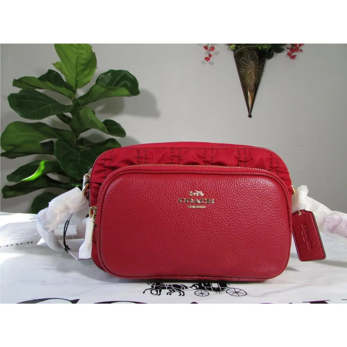 Ruching Nylon Leather Court Crossbody with Bag C4095 Red by Coach