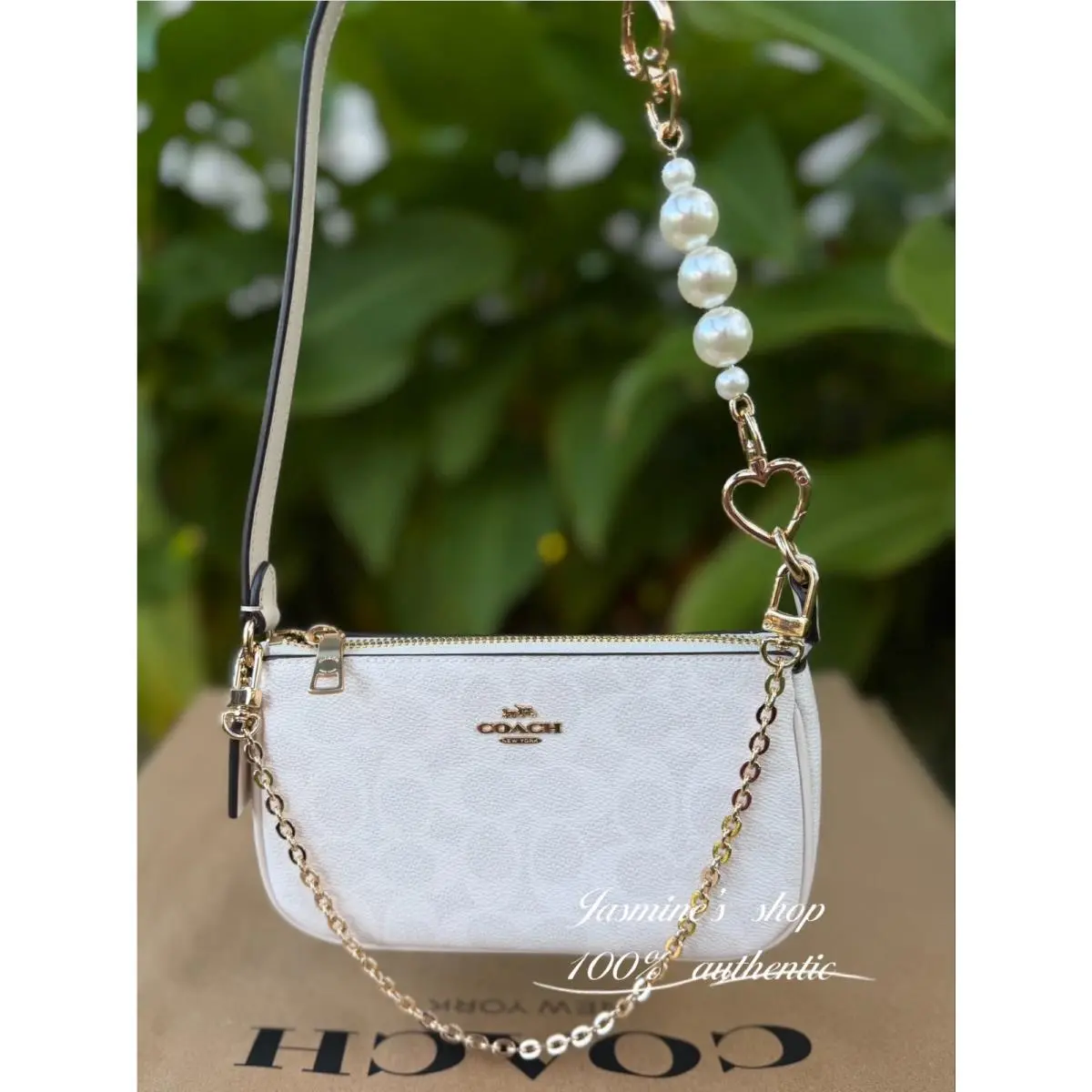 Nolita 19 In Signature Canvas CW426 Chalk CW426 bag +pearl chain by Coach