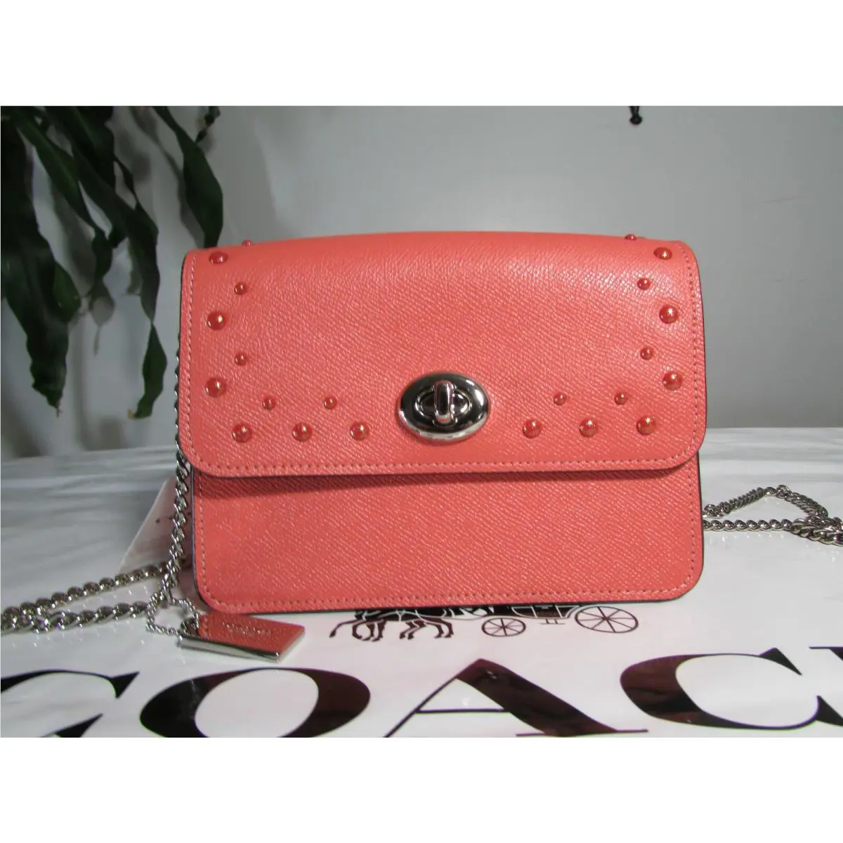 Bowery Studded Chain Crossbody Bag F44964 Coral or Black Coral by Coach