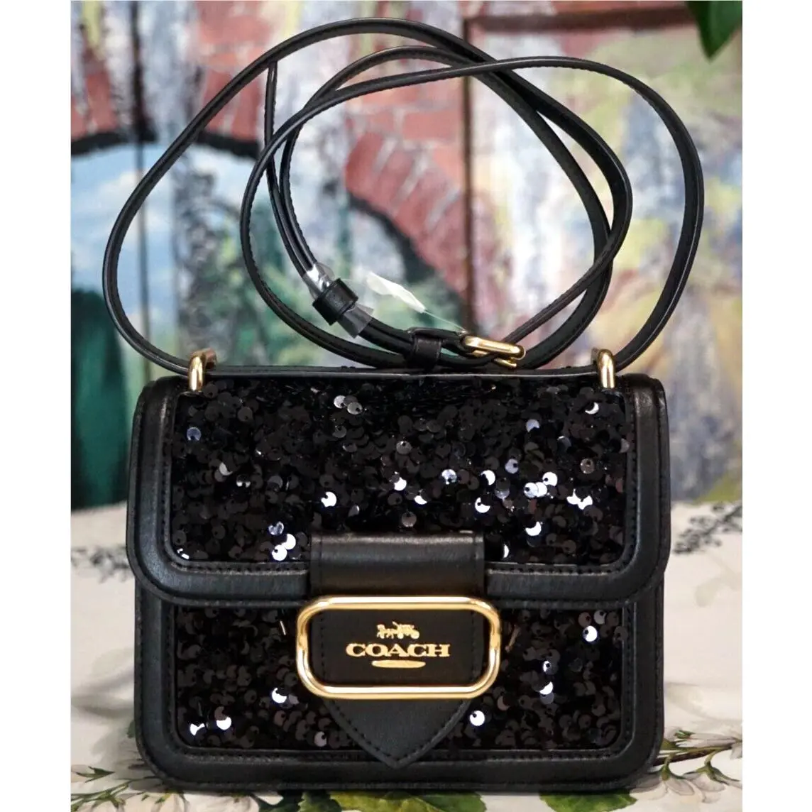 Coach Morgan Sequins Square Crossbody Bag CO922 In Black Leather Gold Toned