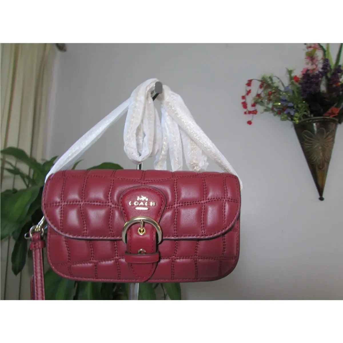 Coach Smooth Quilted Leather Kleo Crossbody Clutch C6898 Cherry