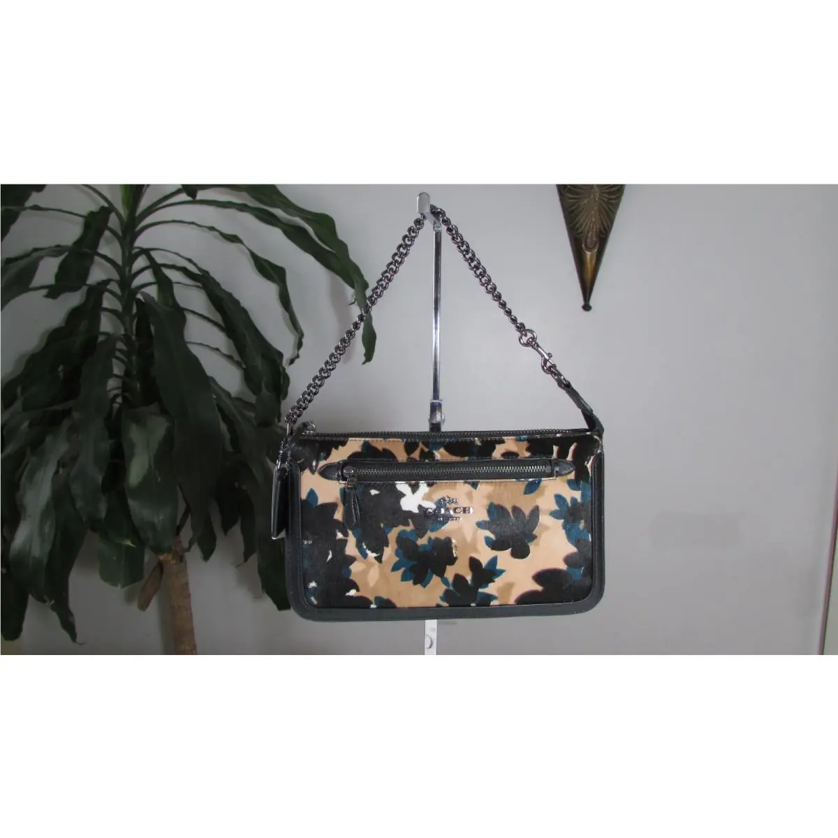 Coach Hair Calf Leaf Print Nolita 24 Wristlet Purse 58412E DK Walnut Multico