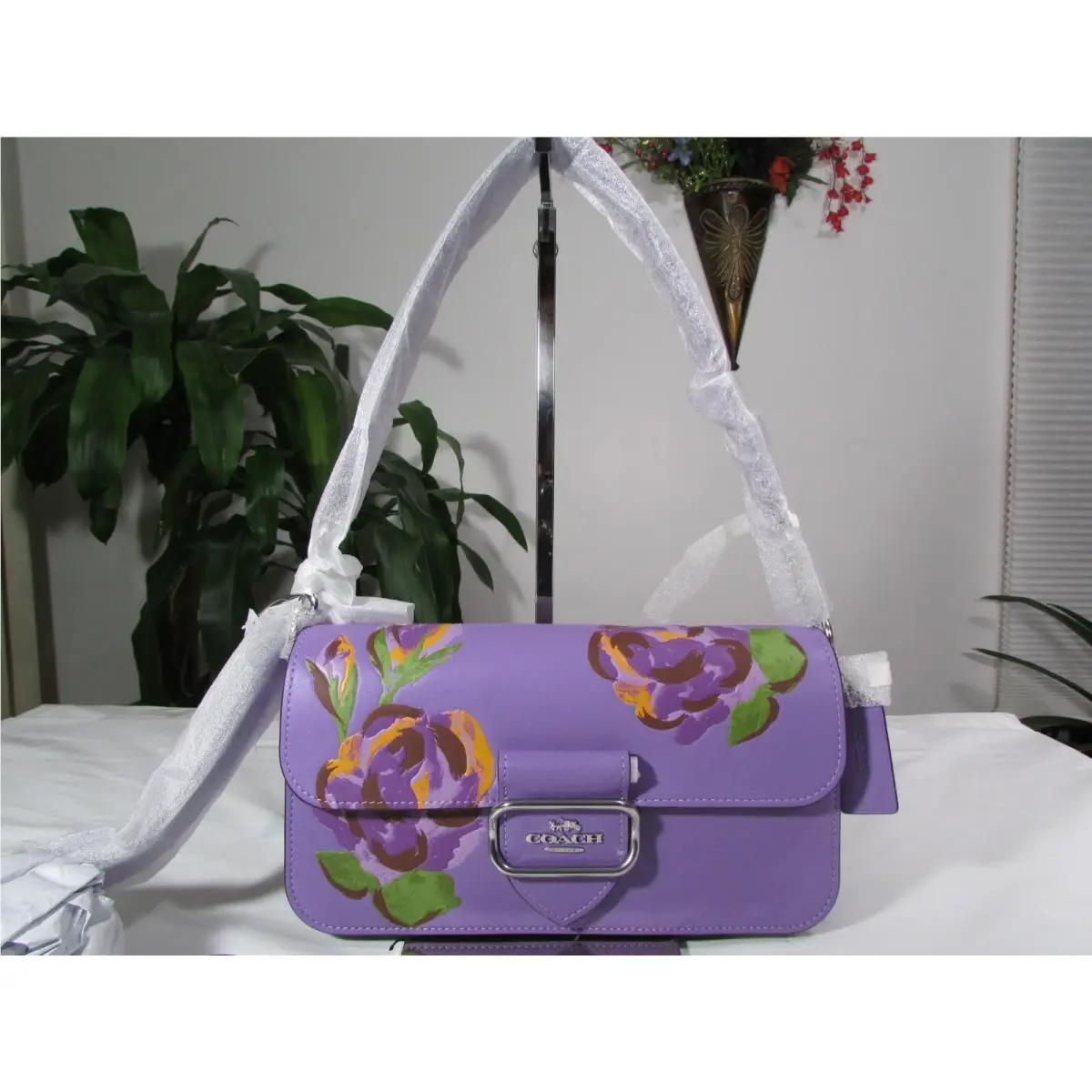 Coach Smooth Leather Morgan Shoulder Bag with Rose Print CL411 Iris Multi