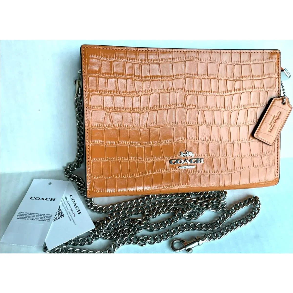 Coach CR237 Slim Crossbody Bag Embossed Croc Leather/orange/metal Strap/$298/NWT
