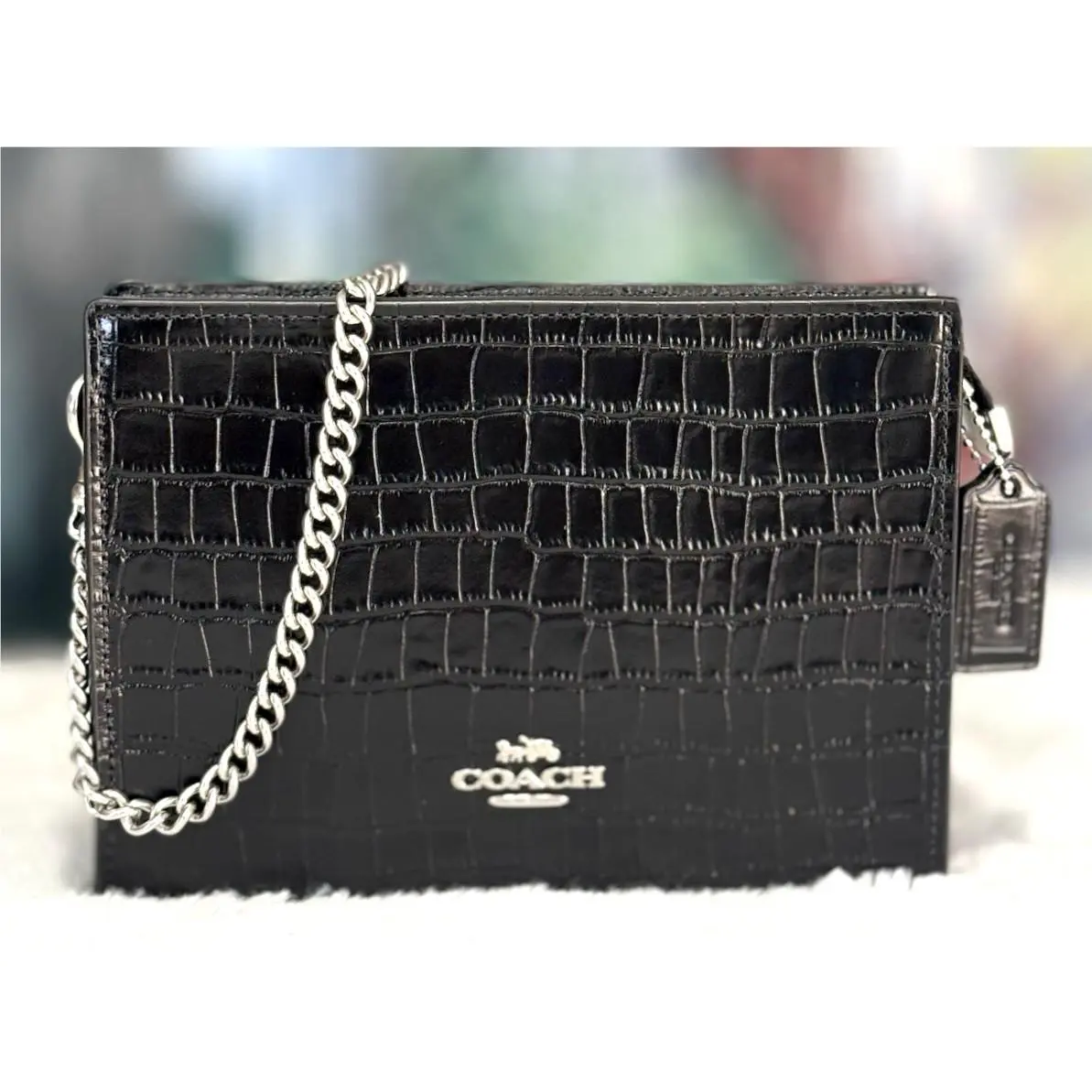 Coach Slim Crossbody Clutch Croco Embossed Leather CR237 In Black Silver