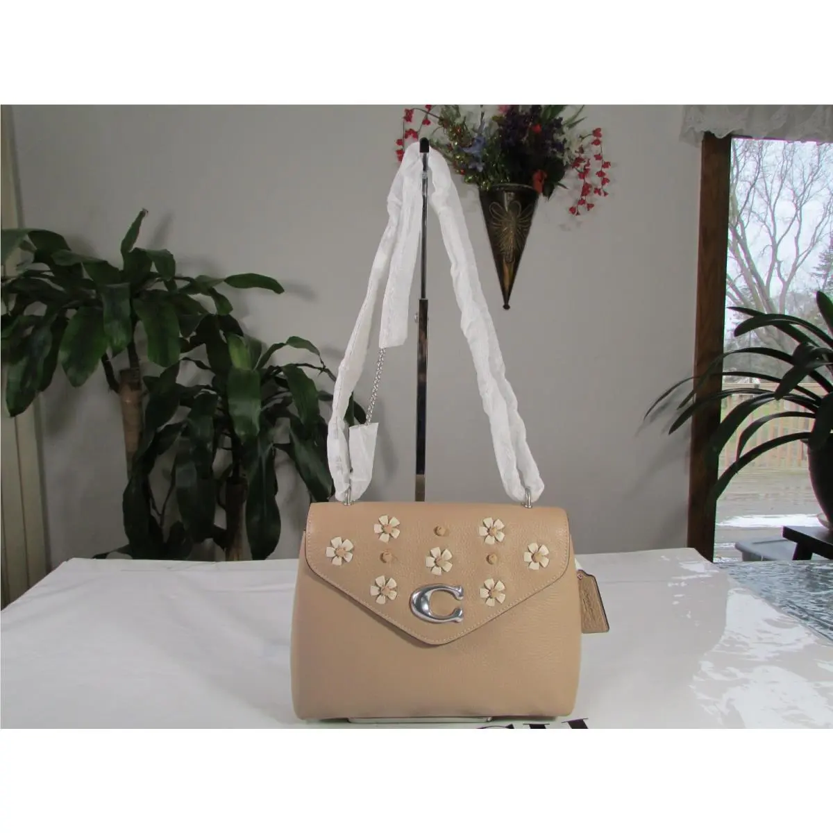 Coach Leather Tammie Floral Whipstitch Shoulder Bag CA146 Taupe Multi
