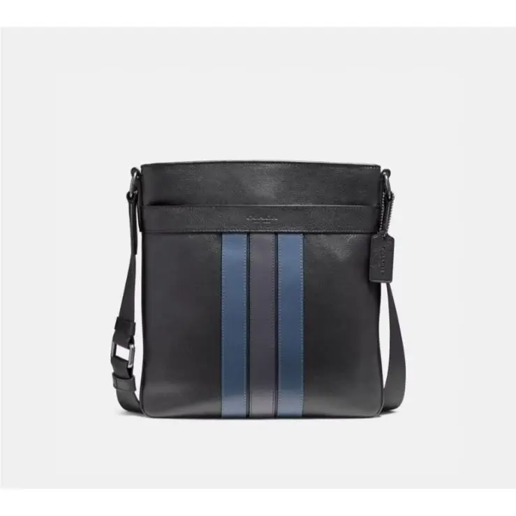 Coach Charles Varsity Leather Strip Slim Men`s Messenger Bag - Dark Denim