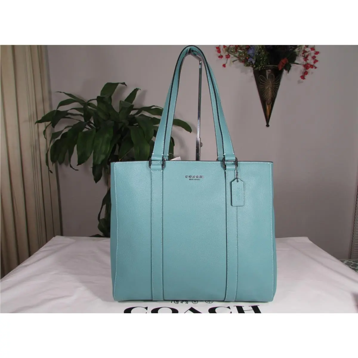 Coach Pebble Leather Hudson Double Handle Tote C8157 Blue Green