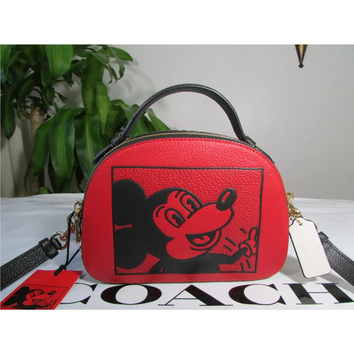 Coach Leateher Mickey Mouse X Keith Haring Serena Satchel C6977 Red Multi