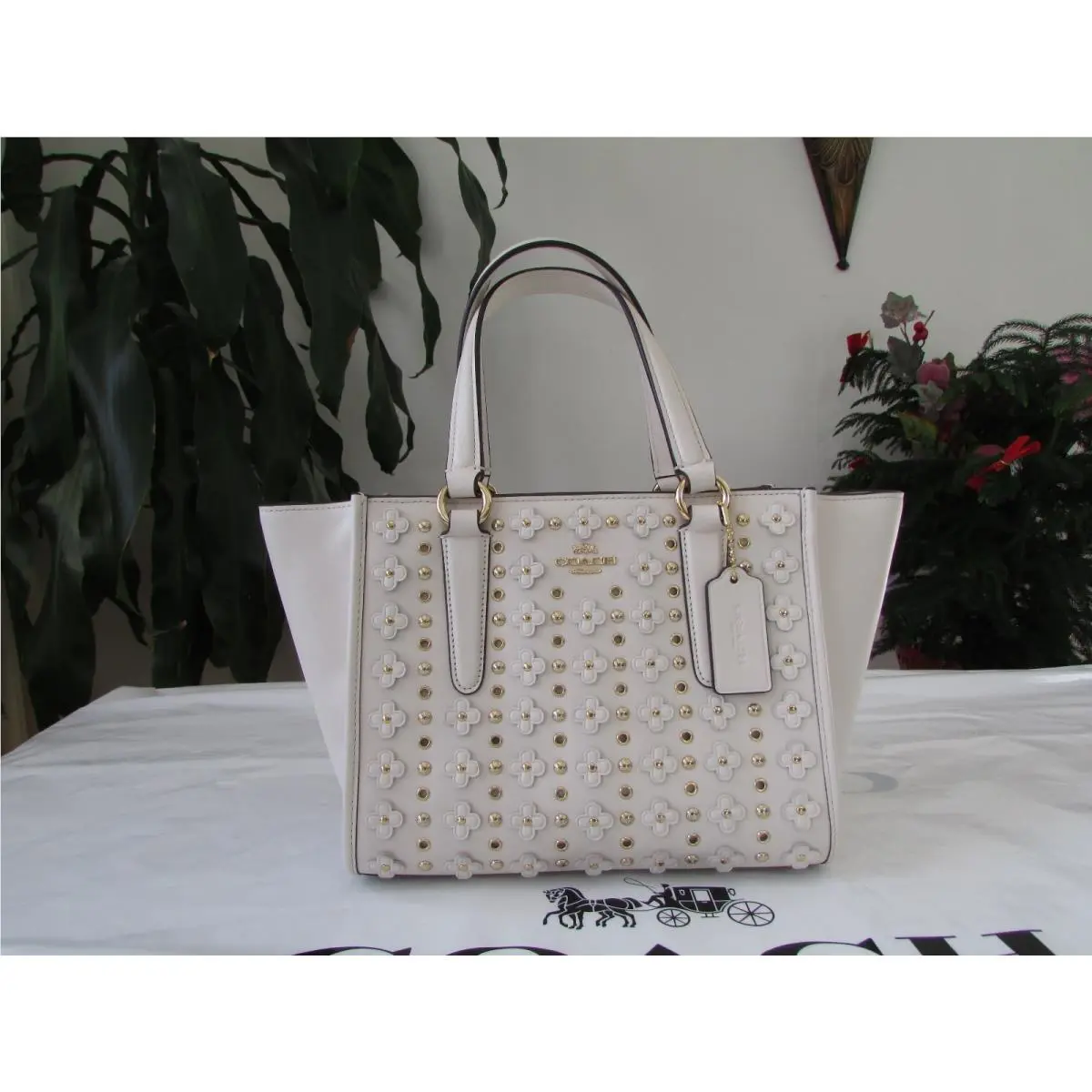 Coach Floral Rivets Leather Satchel Handbag Crossbody F37703 Light Chalk