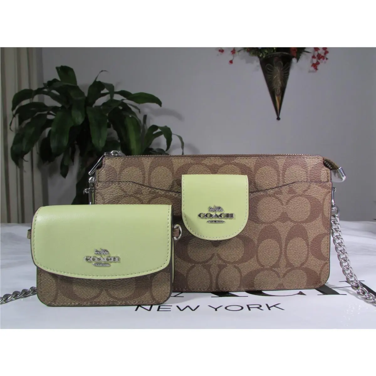 Signature Canvas Poppy Crossbody with Card Case C3328 Khaki Pale Lime by Coach