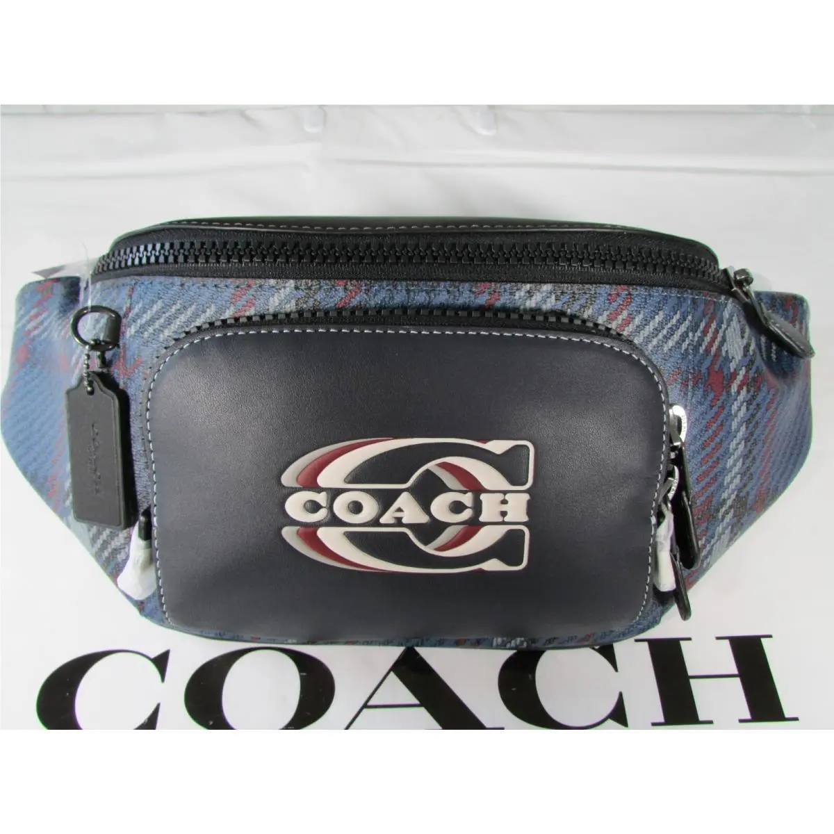 Coach Track Belt Bag with Plaid Print Coach Stamp CH109 Midnight Navy Mul
