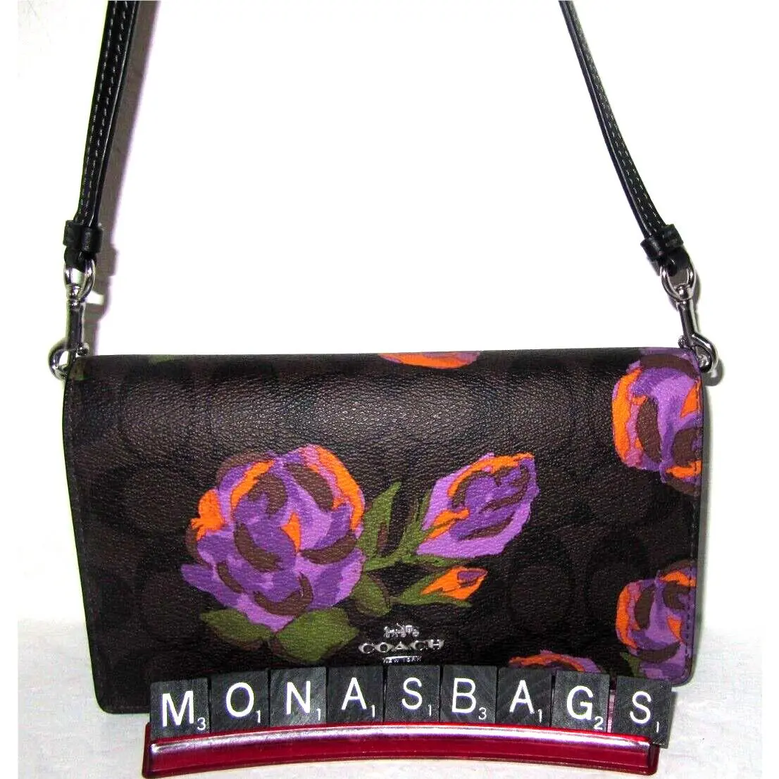 Coach CL658 Anna Foldover Clutch Crossbody Brown Signature Iris Multi