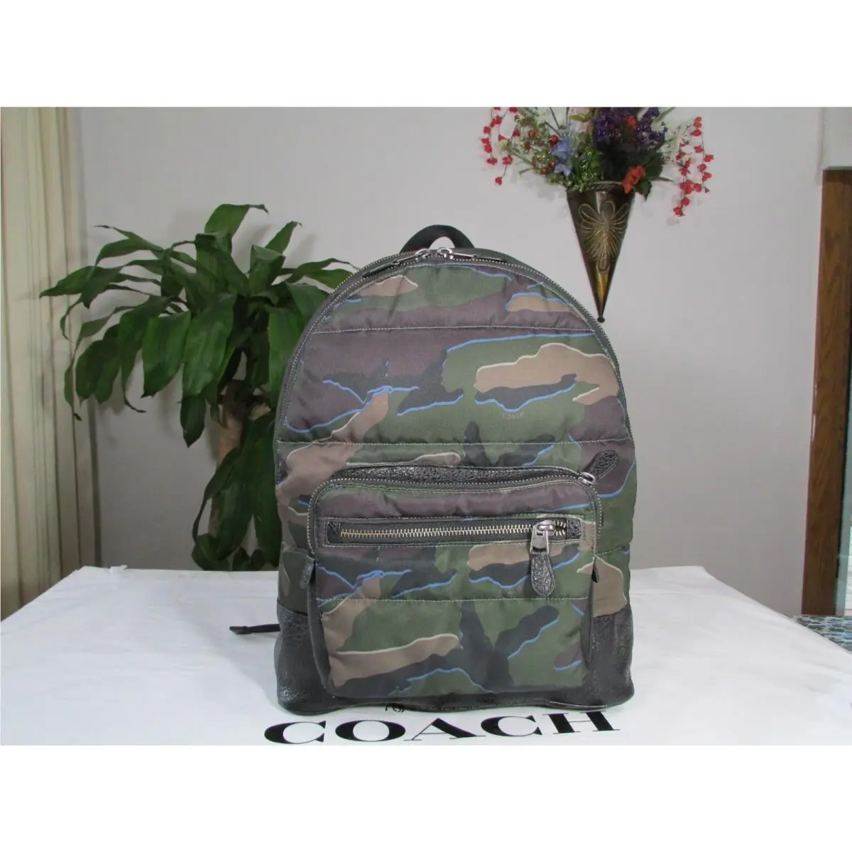 Coach Men`s Nylon Leather Camo West Backpack F31319 Green Multi
