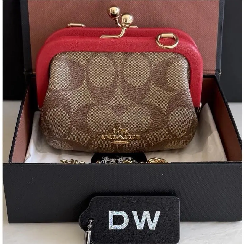 Coach Signature Khaki/electric Red Kisslock Coin Purse Xbody CH520 Gift Box