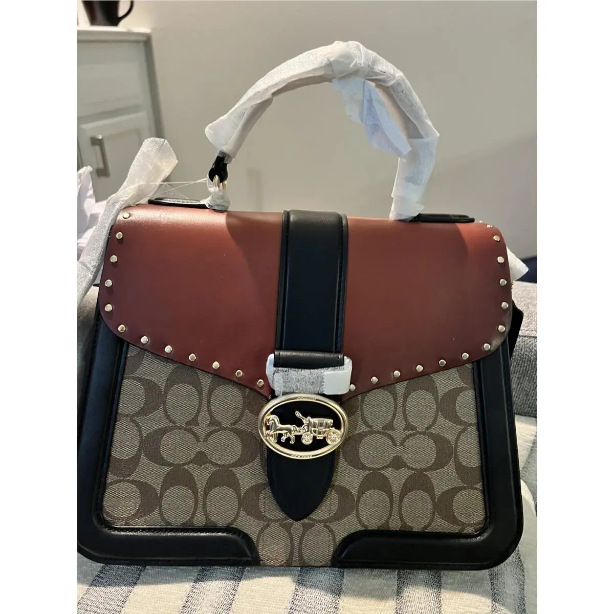 Coach C0468 Large Georgie Top Handle Bag Colorblock Sign.canvas with Rivets