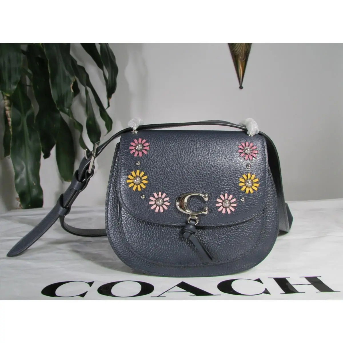 Coach Leather Whipstitch Daisy Applique Remi Saddle Bag 1331 Midnight