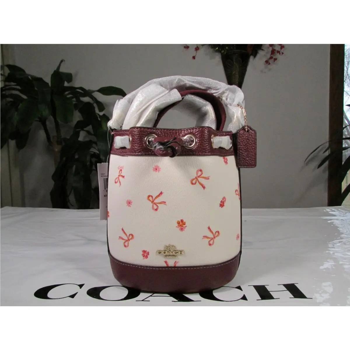 Coach Dempsey Bow Print Drawstring Bucket Bag CN707 Chalk Wine Multi