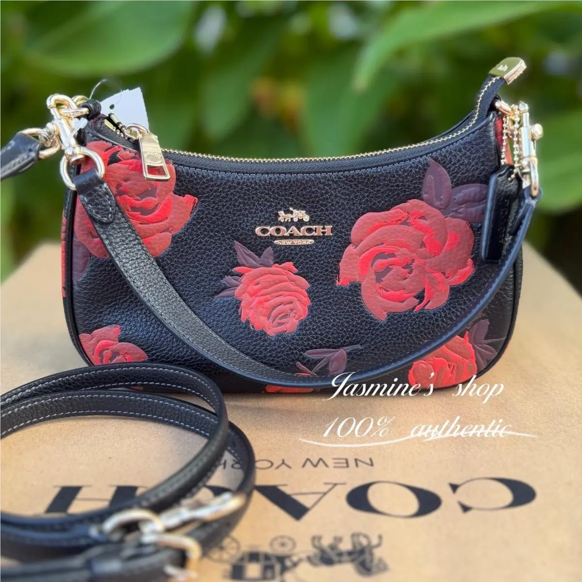 Coach Teri Shoulder Bag with Floral Print CCE28 Black/red