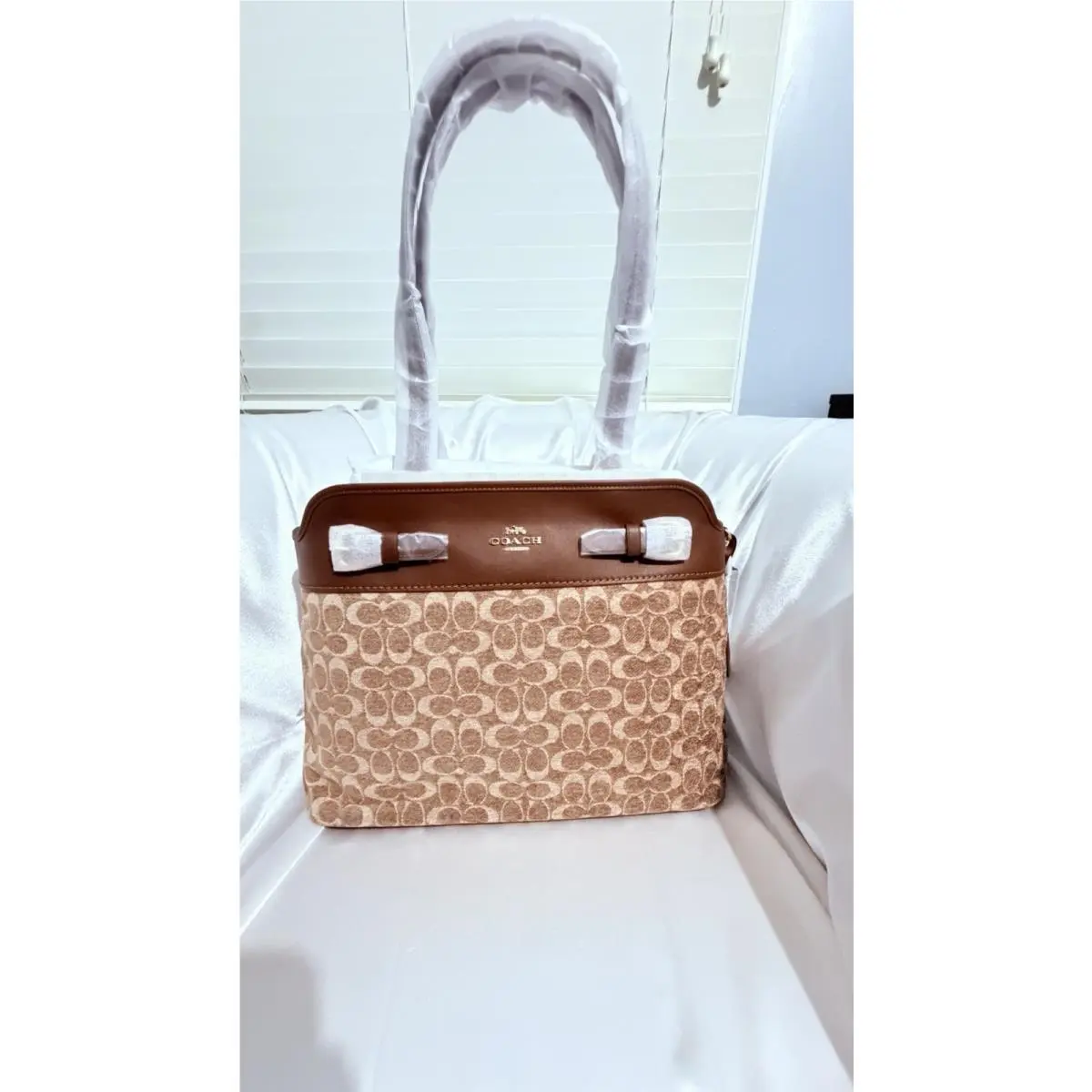Coach Easton Tote Bag Handbag Signature Chenille Leather CCZ08 Khaki Brown