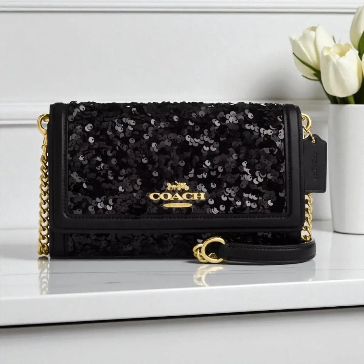 Coach Flap Clutch Crossbody in Black Sequin Glitter Leather CP188
