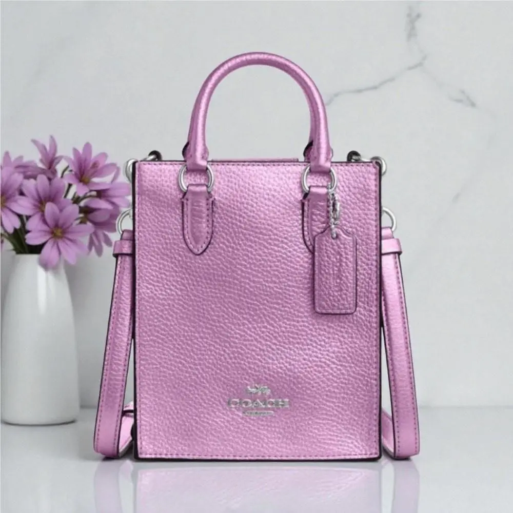 Coach North South Mini Tote Purse Bag in Metallic Lilac Purple Leather CP010