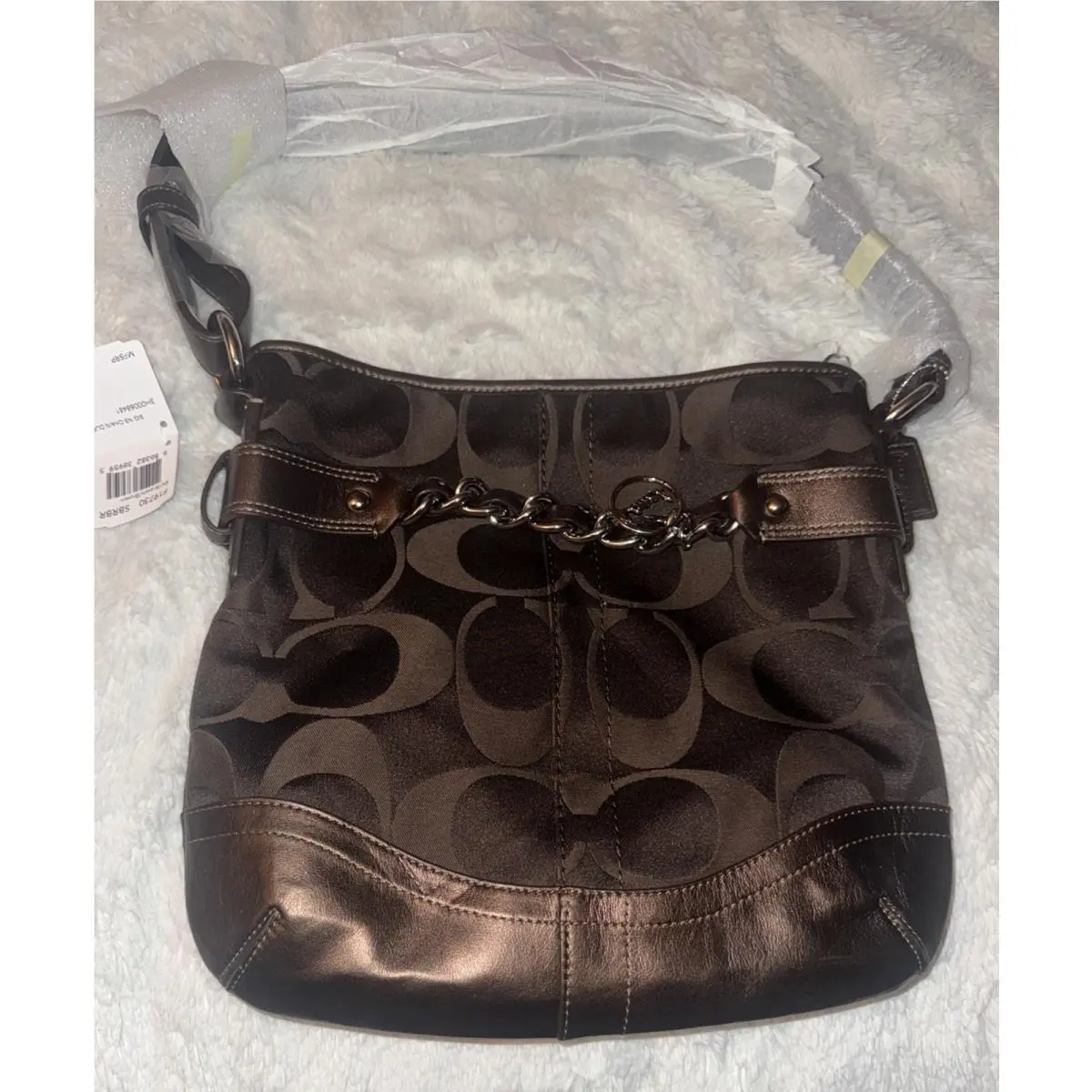 Coach Signature Jacquard Leather Trim Crossbody Shoulder Bag Purse Brown