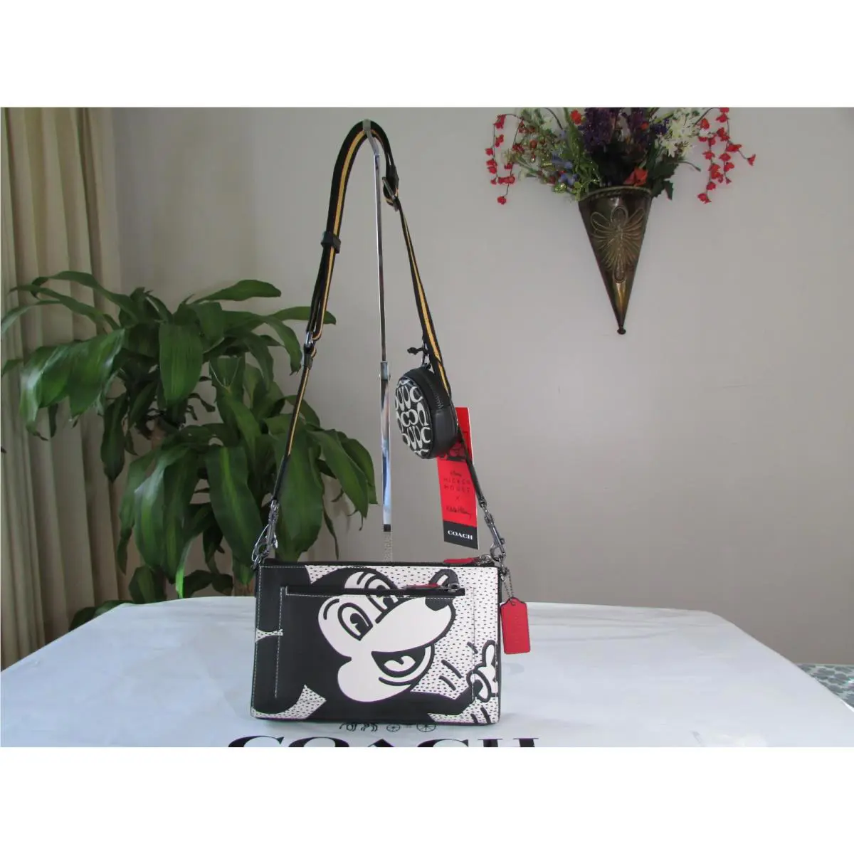 Coach Leather Mickey Mouse Crossbody Coin Purse C6913 Black/chalk